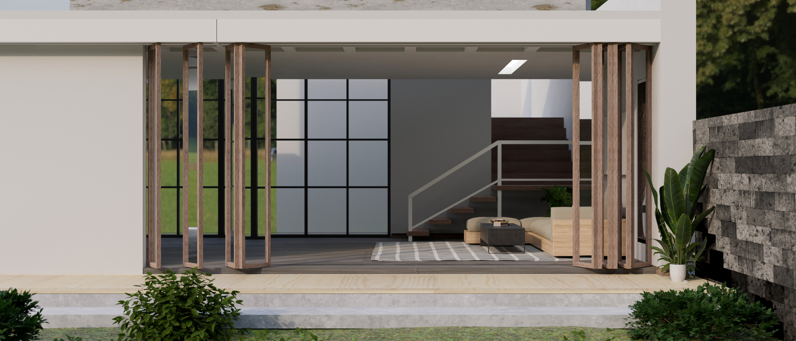 Contemporary and modern home building exterior design with accor