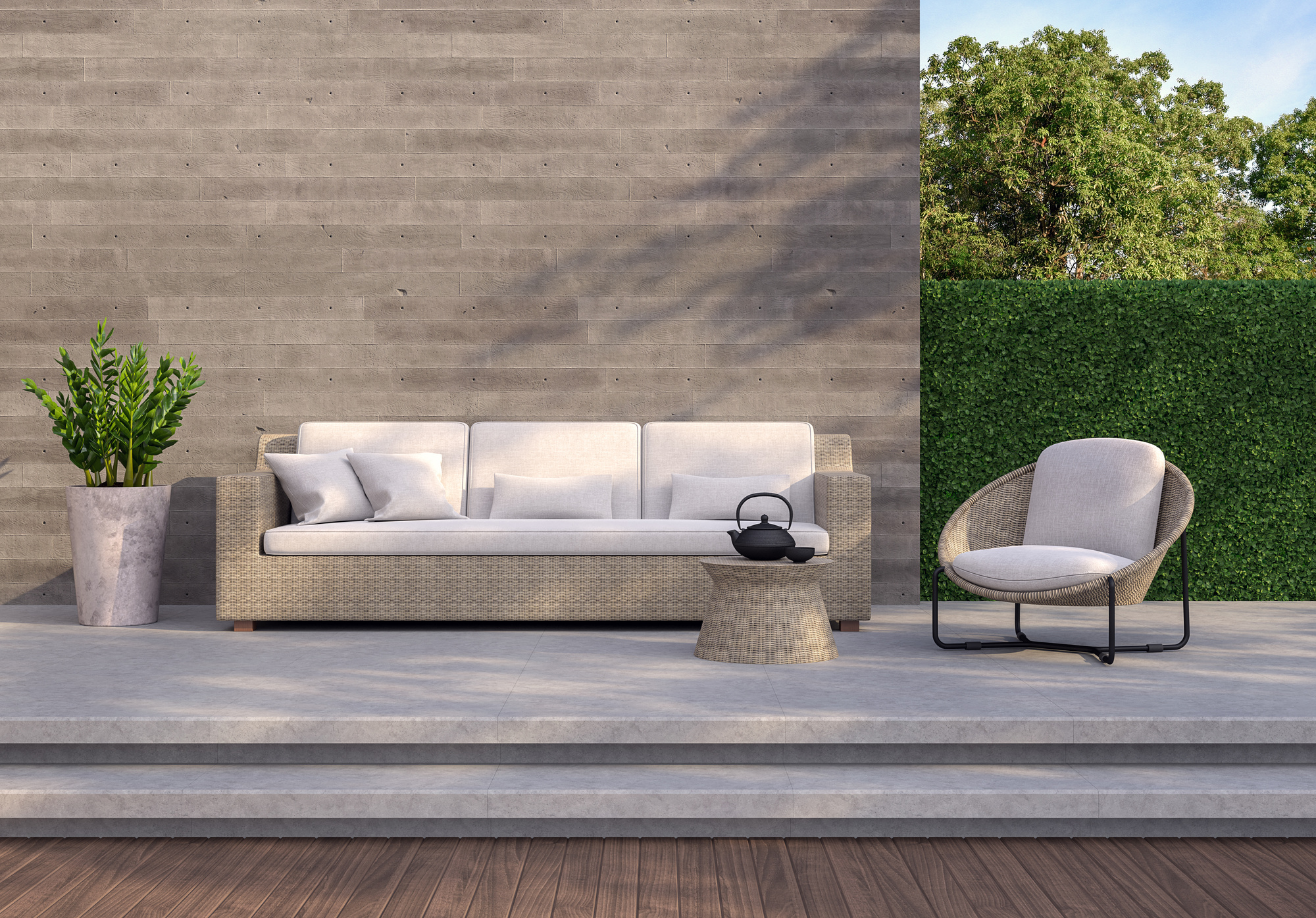 Modern loft style terrace with wicker furniture 3d render